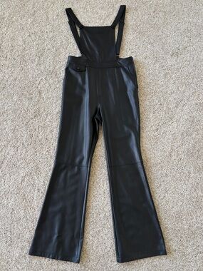 Maeve for Anthropologie Black Faux Leather Suspender Flared Pants